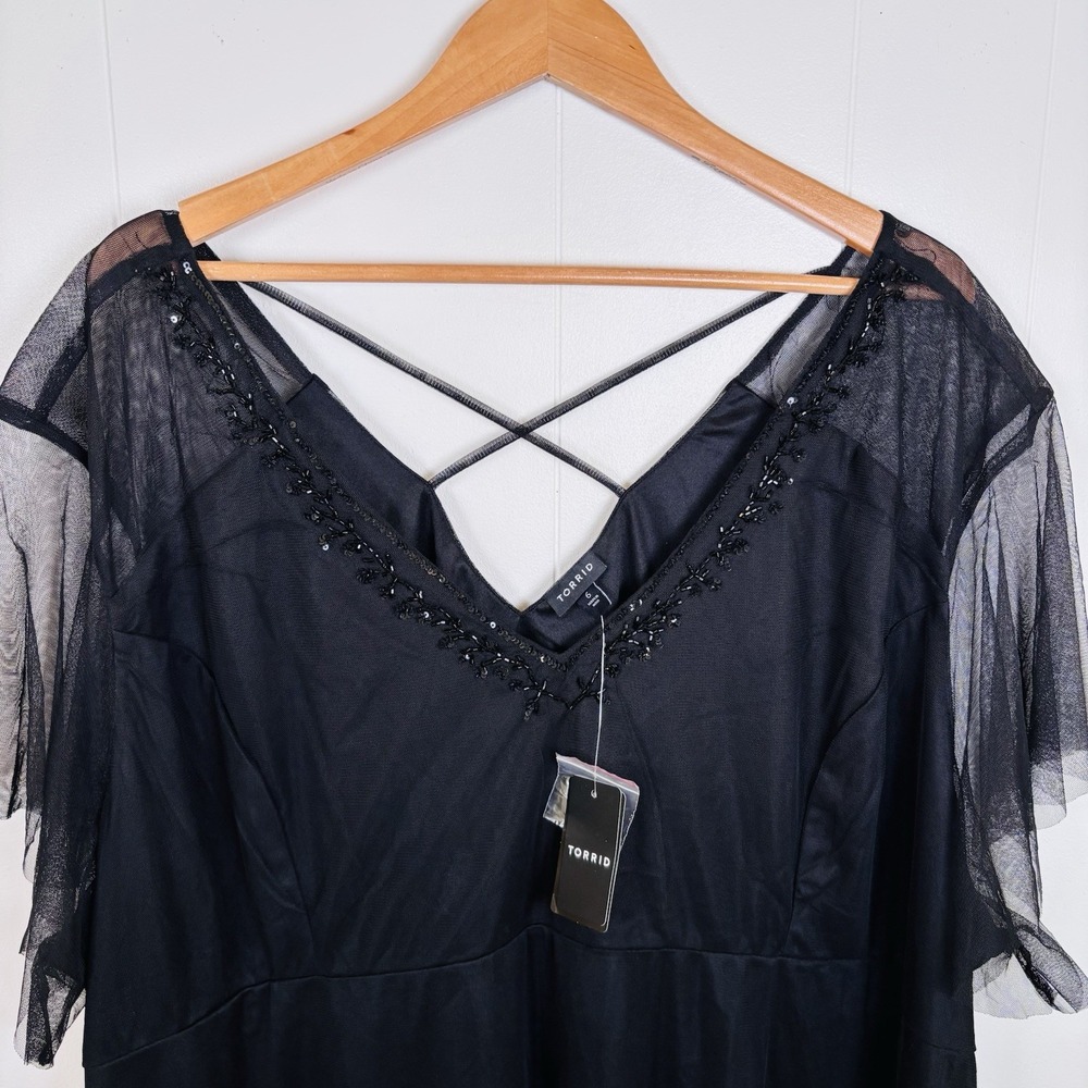 Torrid 6 Black Mesh Sequin Babydoll Top Womens Plus Sz 6X Beaded Flutter Sleeve - Picture 4 of 16